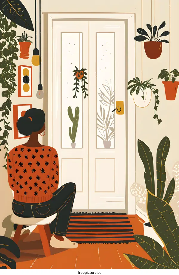 Woman Sitting by Doorway with Plants