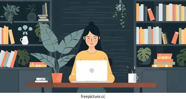 Woman Working on Laptop in Home Office with Plants