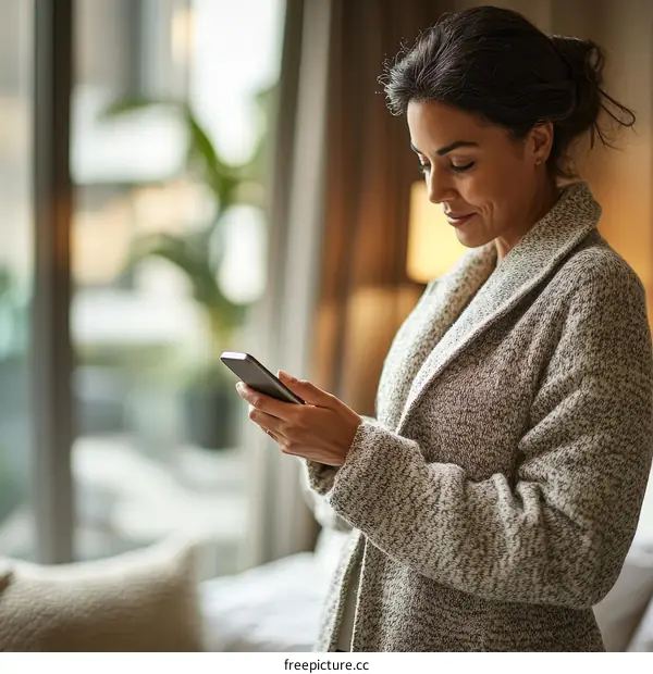 Woman using smartphone in hotel room