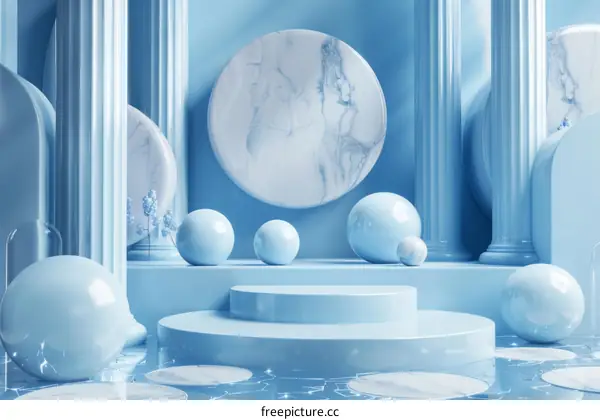 Blue Marble Abstract Background with Circular Shapes and Columns