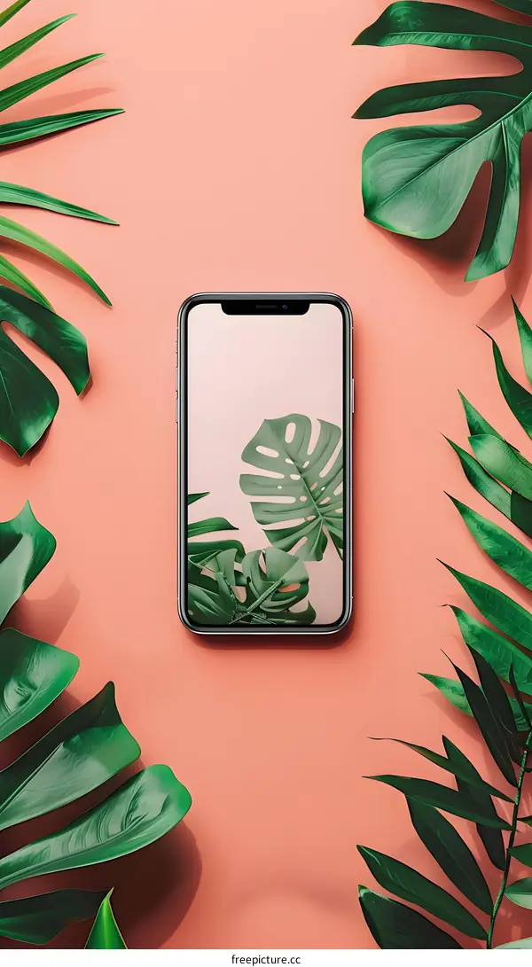 Phone With Green Leaves On Coral Background