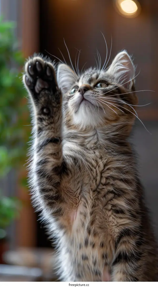 A cute tabby kitten reaching up with its paw