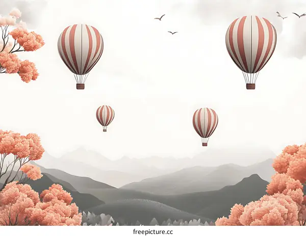 Red Striped Hot Air Balloons Over Mountains