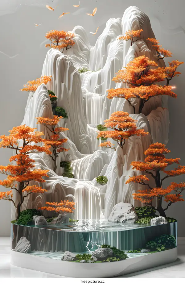 Waterfall and Mountain Landscape in Minimalist Style