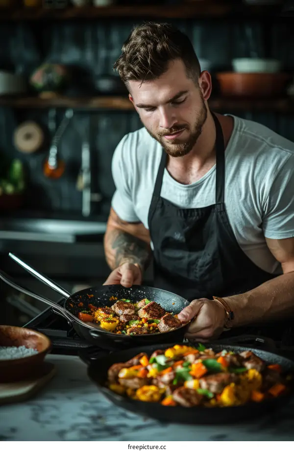 Young male chef cooking in a kitchen