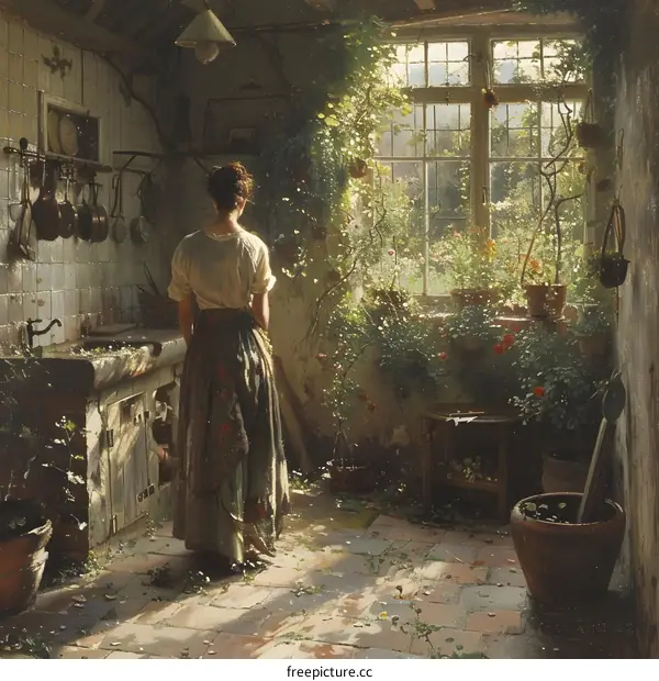 A woman standing in a sunlit kitchen