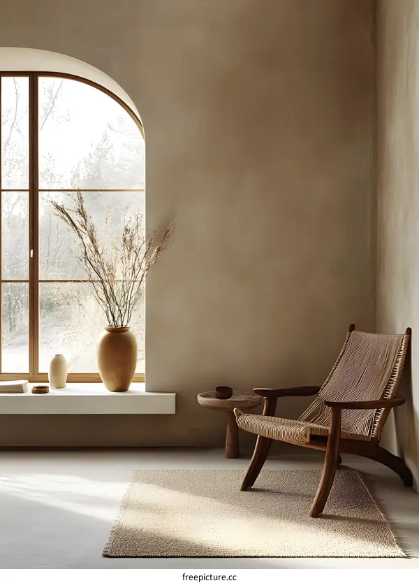 Minimalist Interior Design with Arch Window and Wooden Chair