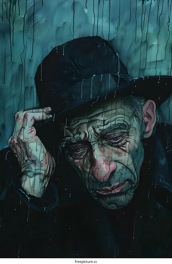 An old man wearing a hat in the rain