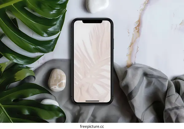 Minimalist Phone Mockup with Palm Leaf and Stones