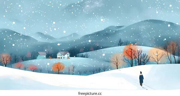 A person walking alone in a snowy field with a house in the distance