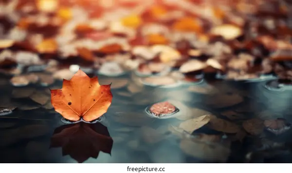 Solitary maple leaf floating on water in autumn