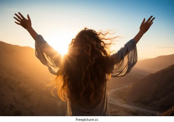 woman standing with arms outstretched in front of a mountain landscape