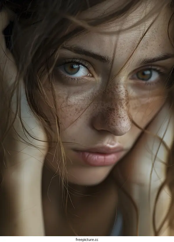 A close-up portrait of a young woman with freckles on her face