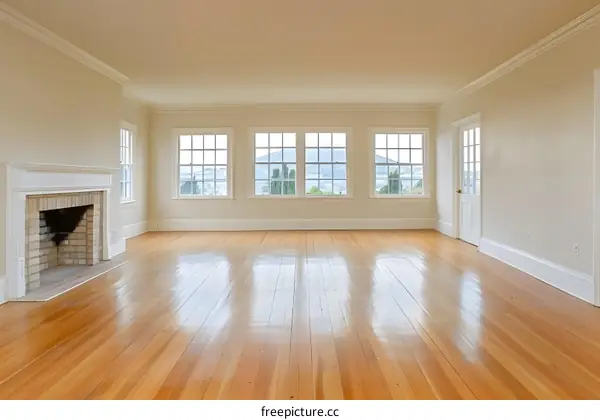 Spacious Empty Room with Large Windows and Fireplace