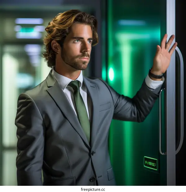A young professional man in a suit standing in front of a green door