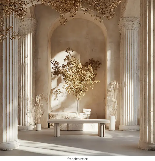 Beige Minimalist Interior With Beige Column And Bench