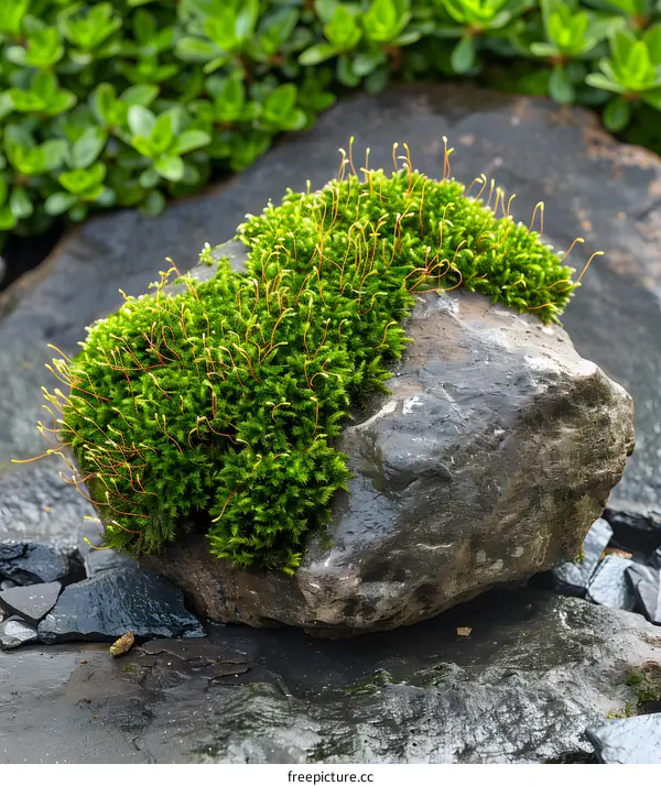 Green Moss Growing on a Rock in a Garden