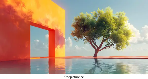 Surreal orange minimal landscape with a tree