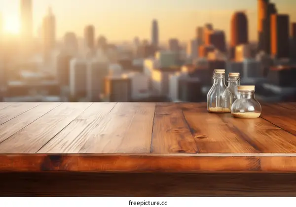 An empty wooden table with a blurred cityscape in the background