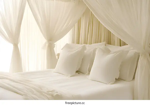 White Bedding with Canopy and Sheer Curtains