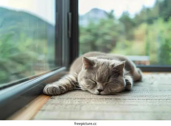 A gray cat is sleeping near the floor-to-ceiling windows.