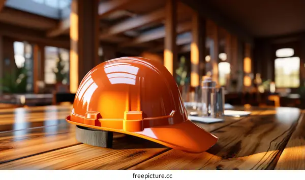 An orange hard hat sits on a wooden table in an empty room with wood beams in the ceiling.