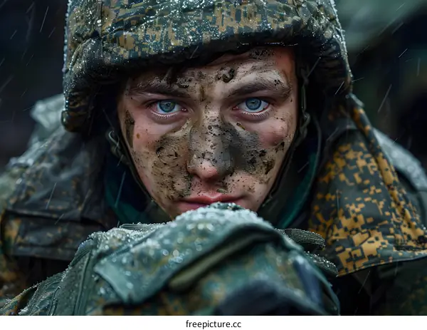 Portrait of a young soldier with blue eyes and a dirty face wearing a military uniform and a helmet in the rain
