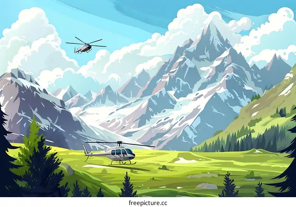 Helicopters Flying Over Majestic Mountain Range