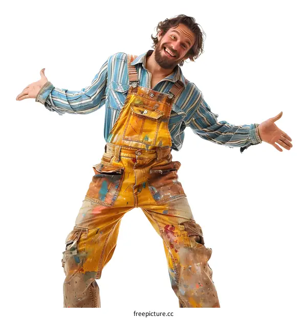 Happy Caucasian Man in Overalls Covered with Paint