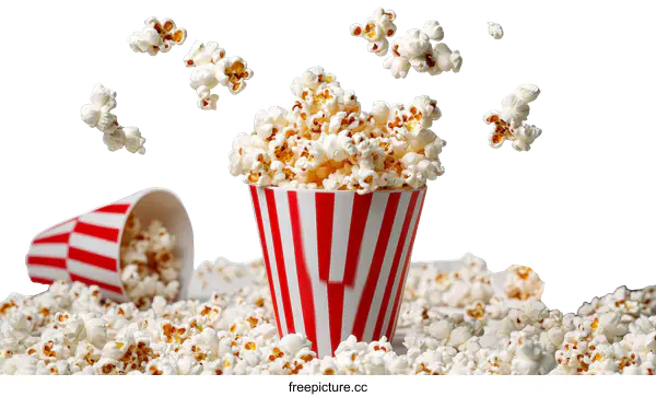 [Transparent Background PNG]Popcorn in Striped Containers with a Dramatic Throw