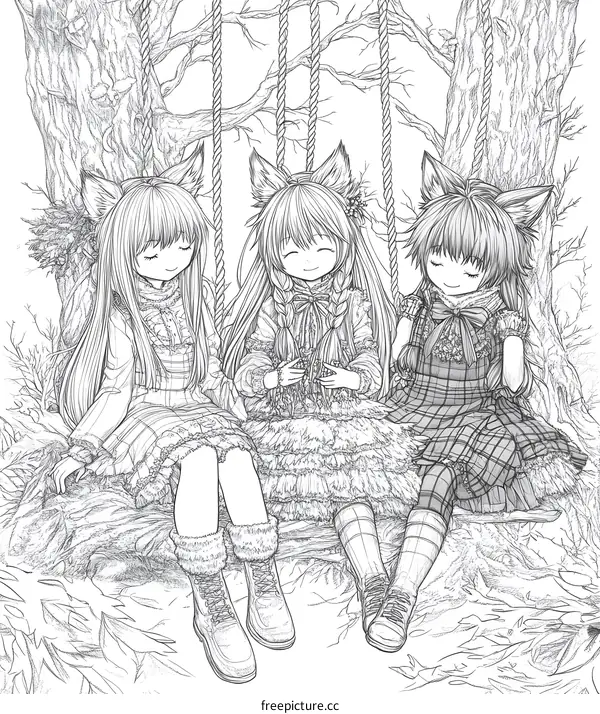 Three Girls with Cat Ears Sitting on a Swing in a Forest