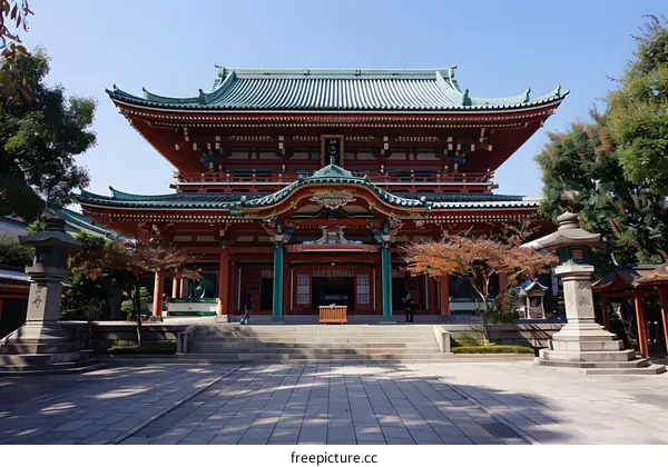 Traditional Japanese Temple Architecture With Red And Green Colors