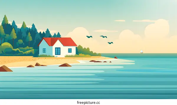 Coastal Summer Landscape Illustration With A House And A Sailboat
