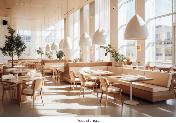 Modern Restaurant Interior with Neutral Colors and Large Windows