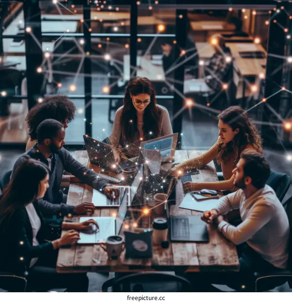 Diverse group of business professionals working together in a modern office using digital devices