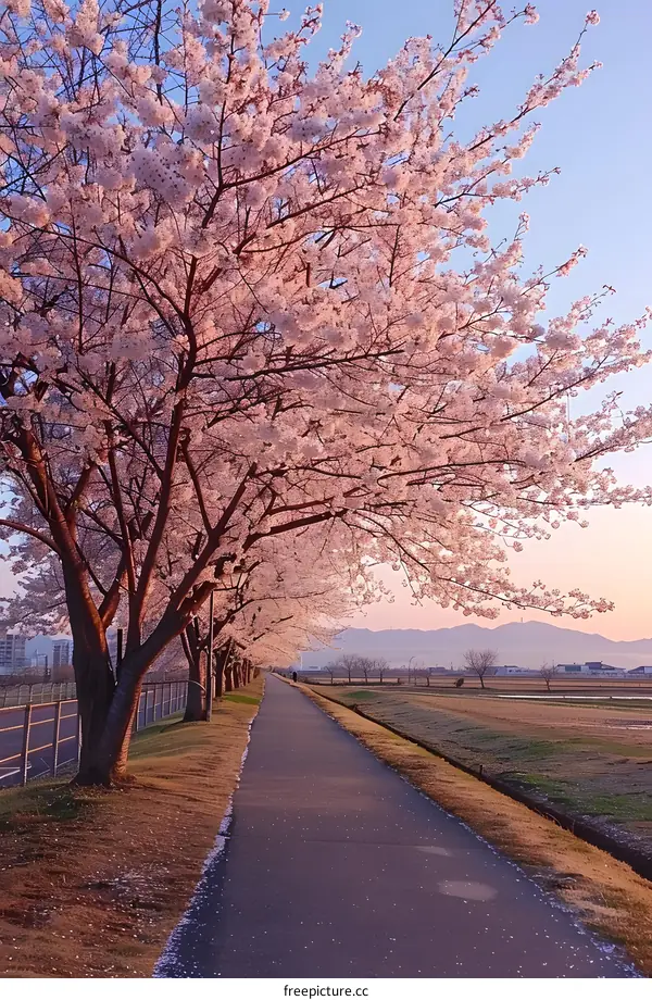 Cherry blossom road at sunrise