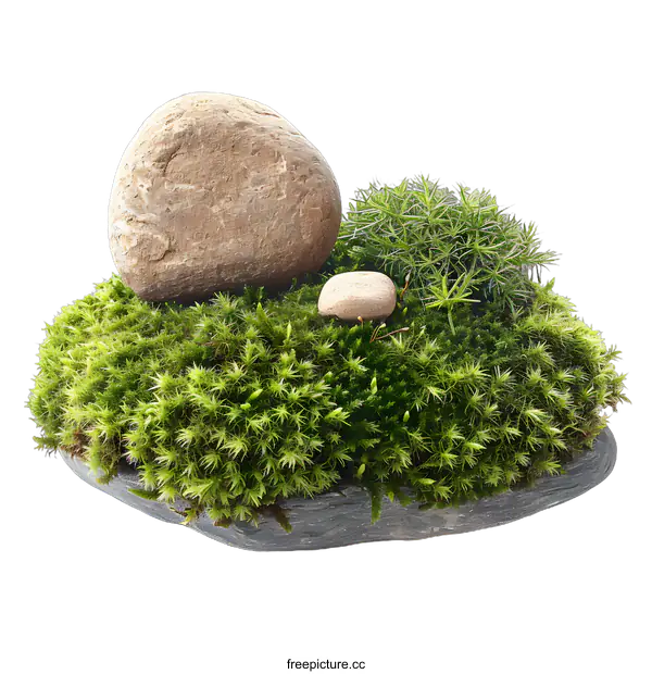 [Transparent Background PNG]Green Moss and Stones Arrangement on White Background