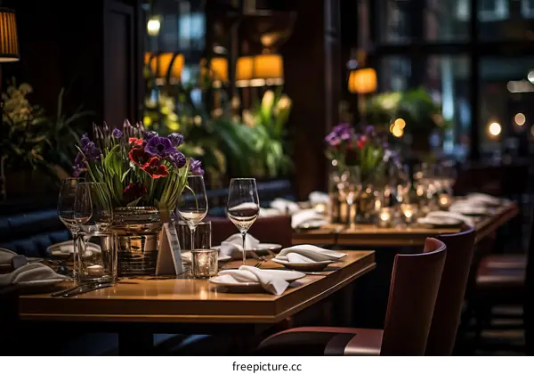 Elegant restaurant interior with empty tables and chairs