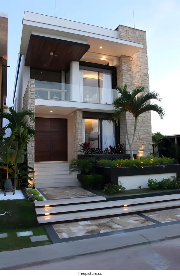 Modern Two Story House with Stone Facade and Palm Trees