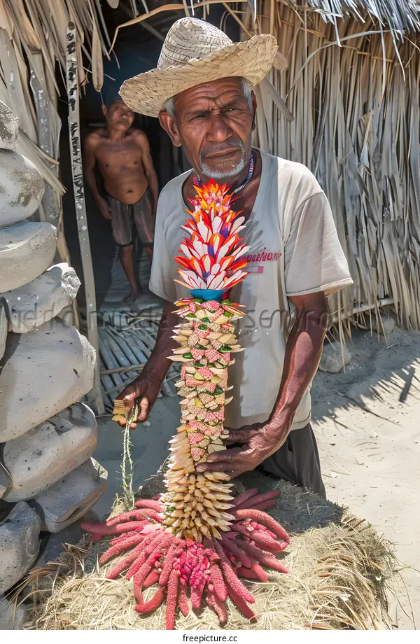 Indigenous Man Holding a Traditional Flower Arrangement