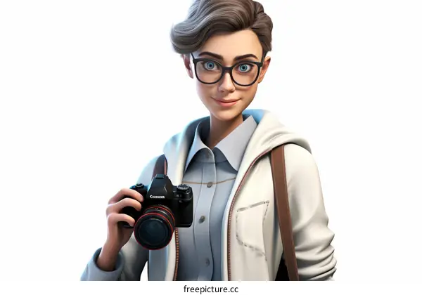 A photo of a young woman with short brown hair and glasses smiling at the camera while holding a Canon camera