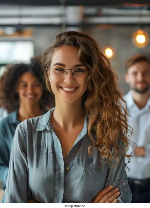 portrait of a young woman smiling with her colleagues in the background