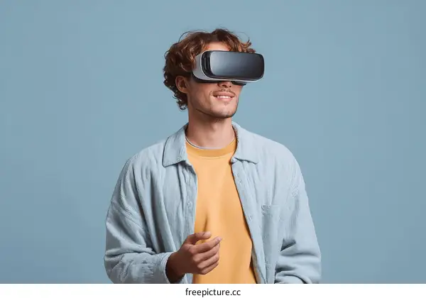 Man Wearing VR Headset Exploring Virtual Reality