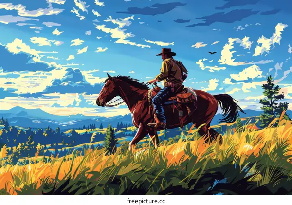 Cowboy Riding Horse in Field