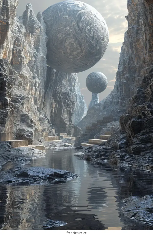 Floating Spheres and River Between Rocks