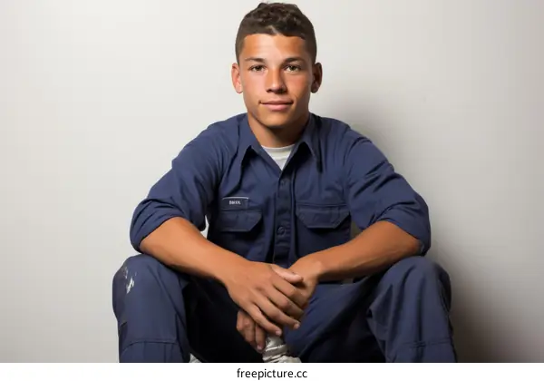 Portrait of a young male wearing a blue jumpsuit