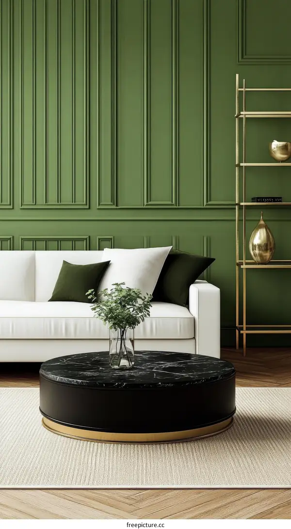 Modern Green Living Room with Marble Coffee Table