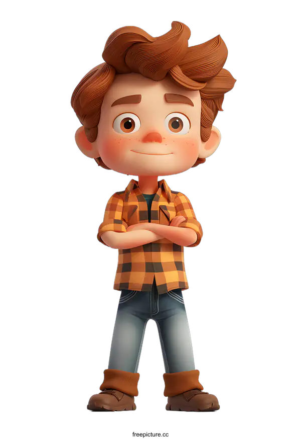 [Transparent Background PNG]Confident Cartoon Boy with Arms Crossed