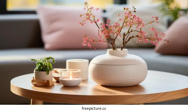 Minimalist Living Room with Pink Flowers and Candle