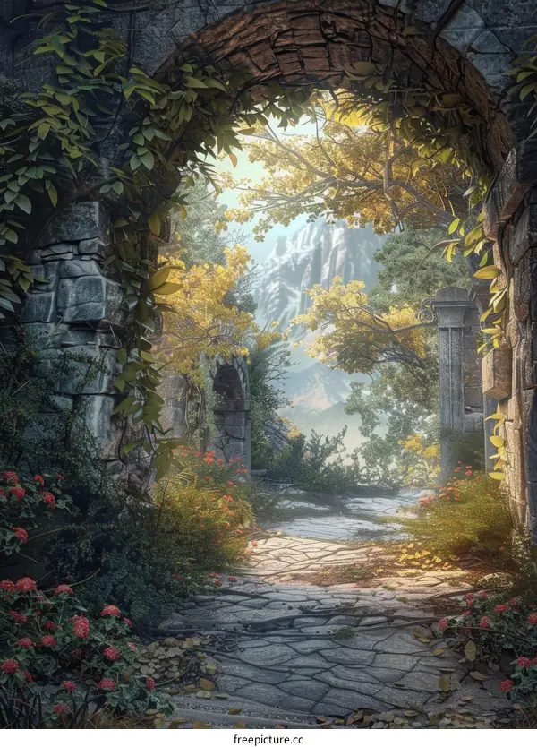 Mystical overgrown castle arch leading to a forest